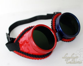 Harley Quinn (suicide squad)-inspired steampunk goggles (Cosplay, Ribbon, red, blue, Harley, DC Comics)