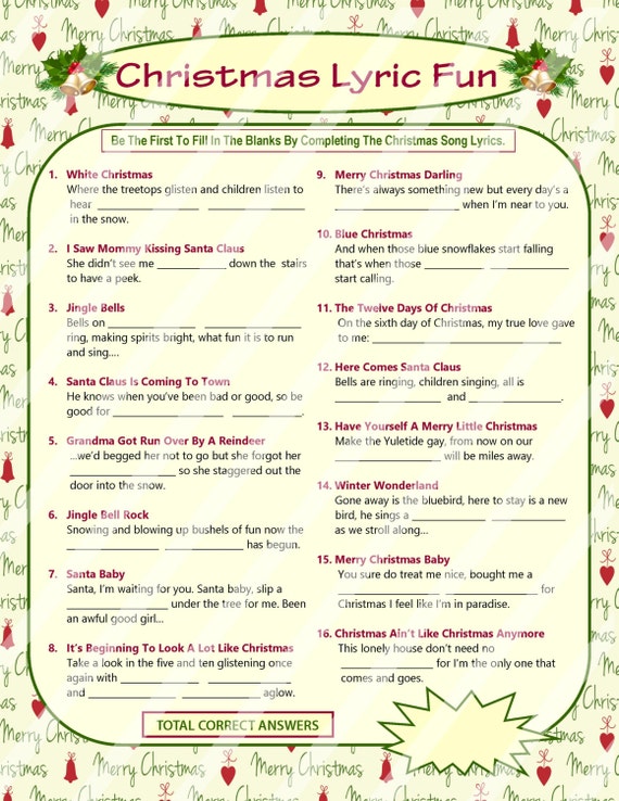 Christmas Lyrics Game Christmas Song Game Christmas Carol