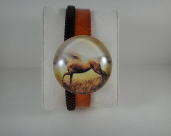 Top quality: 2 genuine leather Bracelet orange strands and glitters with snap chunk interchangeable glass 30mm