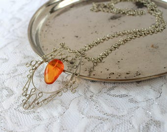 Vintage amber filigree pendant necklace , silver tone metal and butterscotch Baltic amber large pendant with chain