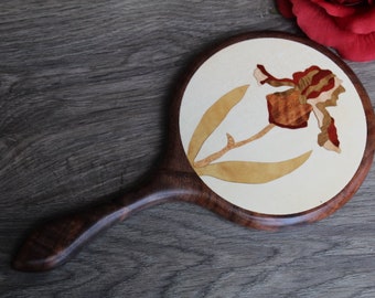 Hand Mirror Marquetry Wood Iris Flower 2 Black Walnut wood Handmade Made in USA
