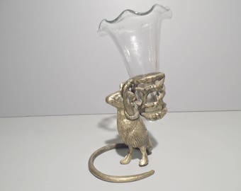 Vintage Long Tailed Solid Brass Mouse Figurine w/Flower Vase