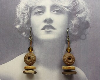 Ceramic Clay Earrings, One of a Kind, Hand Made Stoneware Clay Beads Tiered with Semi-Precious Round, Copper Accents and Niobium Ear Wires