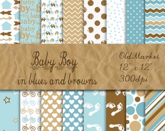 Baby Boy Digital Paper in Blues and Browns - Digital Paper Pack - 16 Designs - 12in x 12in - Commercial Use - INSTANT DOWNLOAD