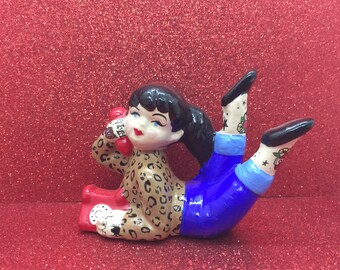 ReVamped Vintage Mini Tattooed Figurine ~ Girl on the Phone ~ Ready to Ship!