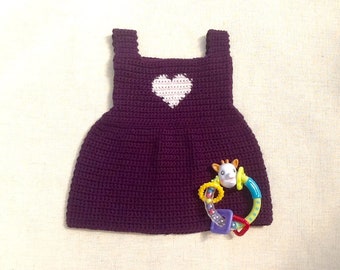 Baby dress with purple straps 3 months crochet plum, heart,