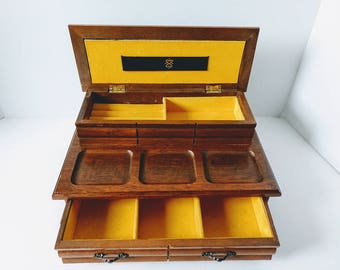 Solid Wood Dresser Valet Jewelry Desk Tray Organizer vintage man rustic log cabin box mid century decor, cane top, jewellery storage