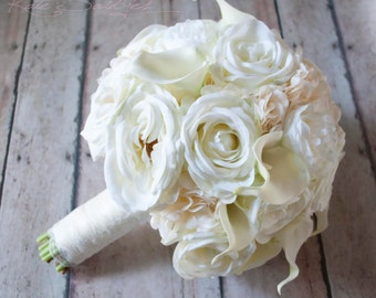 Shabby Chic Wedding Bouquet - Ivory Rose Ranunculus Hydrangea Wedding Bouquet