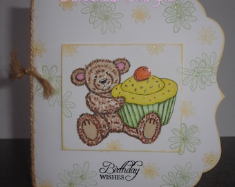 Handmade, hand coloured birthday card bear and cupcake