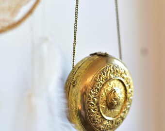 Tribal Banjara boho gold metal embossed brass Rajasthani bohemian Indian gypsy rustic box clutch evening party festival fashion handbag
