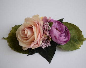 Vintage hair flower, flower hair clip, pink rose, purple ranunculus, berries, fascinator, wedding