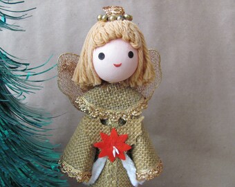 Vintage Christmas Tree Topper, 1970's Angel Tree Topper, Figurine, Burlap, Rustic Angel, 1970's Retro Christmas, Holiday Decoration