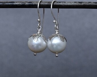 Pearl Earrings, Pearl and Silver Drops, Freshwater Pearl, White Pearl Earrings, Leaf Earrings, Sterling Silver, 925