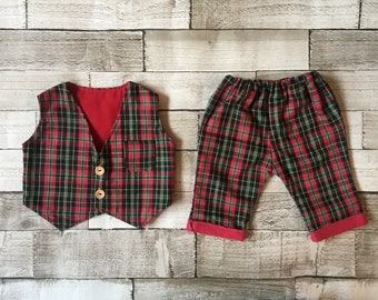 Handmade boys tartan waistcoat and pants set, Christmas outfit, toddler clothes set, matching set, winter baby, unique outfit, baby gift.