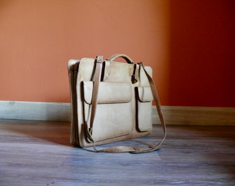 Retro Brown Leather File Portfolio Briefcase, Distressed Tan Leather Messenger Bag Shoulder Strap, Vintage Volare Italy Leather Laptop Case