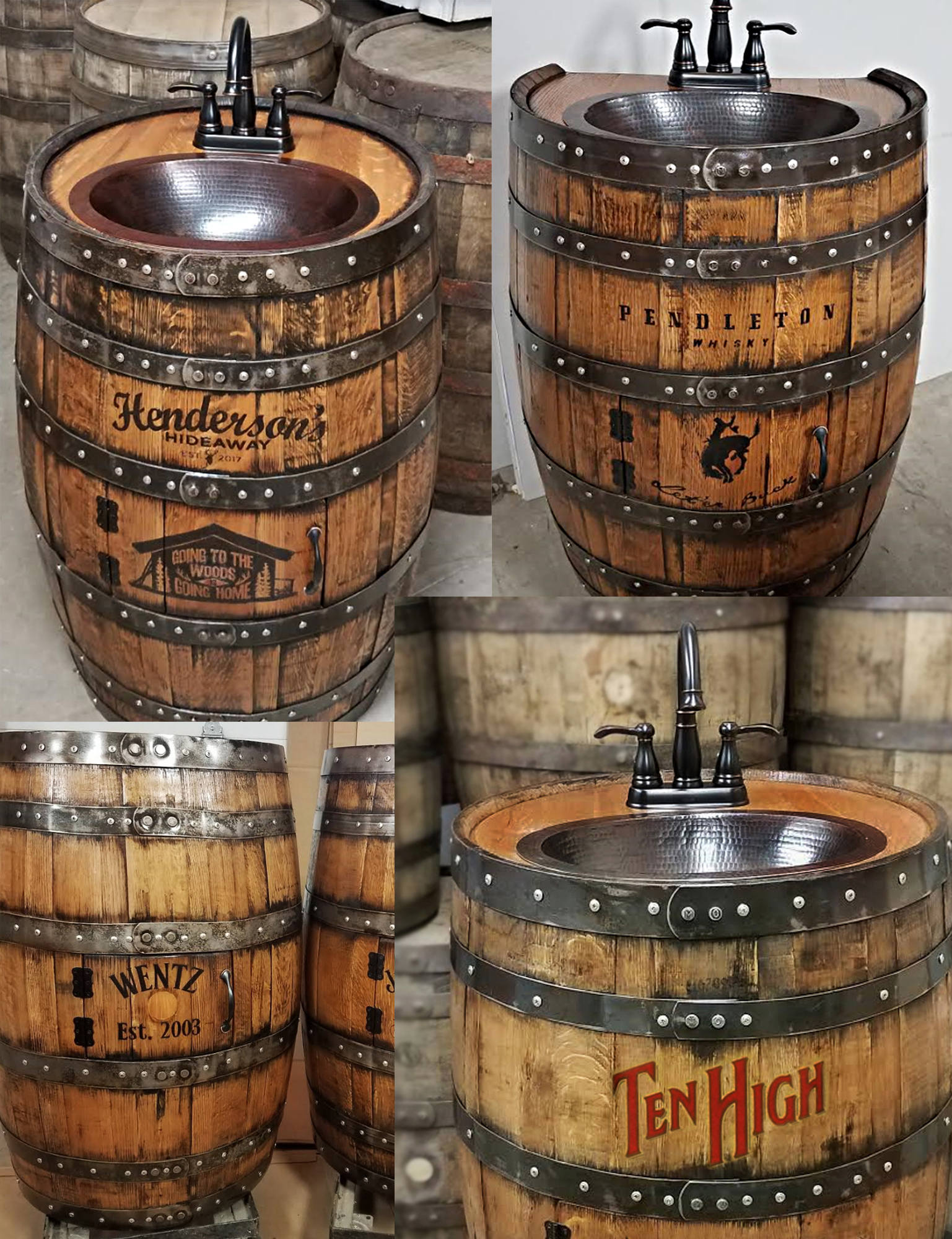 Whiskey barrel sink, hammered copper, rustic antique bathroom / bar