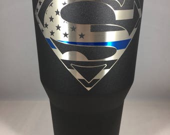 Thin Blue Line Superman Powder Coated YETI Tumbler, Superman YETI, YETI First Responder Cup, Ozark Trail thin blue line,