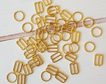 ONE set of bra rings and sliders (total 4 pieces) - 10mm, 3/8 inch gold metal alloy rings and slider, perfect for bra making, camisoles