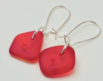 Modern Red Earrings, Casual Red Earrings, Red Cultured Sea Glass Earrings, Sterling Silver Red Earrings, Easter Earrings, Gift for Her
