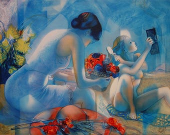Jean-Baptiste VALADIE: Breeze blue, mother and daughter - original lithograph