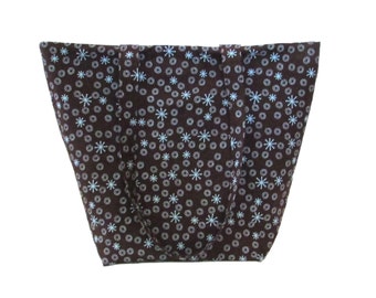 Atomic Starburst Tote Bag, Brown Cloth Purse, Blue Circles, Retro Stars, Fabric Bag, Handmade Handbag, Shoulder Bag