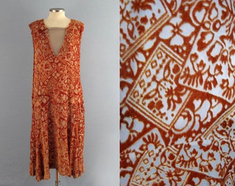 1920s SIlk Dress / 20s Flapper Dress / Orange Burnout Velvet / Devore Silk Chiffon / Egyptian Revival