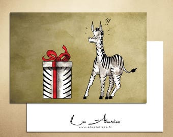 Birthday card - Zebra with a striped gift