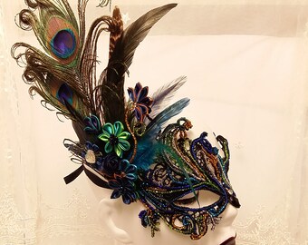 Black Lace Masquerade Mask with feathers and flowers,Beaded Venetian Mask,Feathered Masquerade Ball Mask,Costume mask,Beadwork,Made To Order
