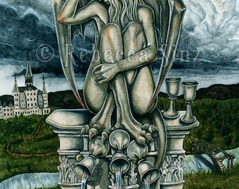 Five of Cups ORIGINAL PAINTING Tarot Card Gargoyle Gothic Fantasy Art Castle Wings Stone Statue Watercolor Clouds