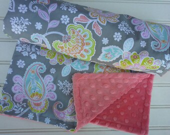 Minky baby blanket -Personalized girls coralminky baby blanket in pastel paisley-personalized minky baby blanket with applique name