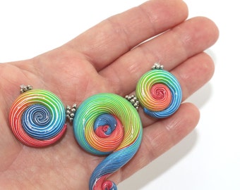 Spiral beads, Ombre beads for Jewelry making, Polymer Clay colorful beads with stripes, 3 elegant gradient spiral beads in rainbow colors