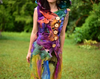Nuno Felted Rainbow Pixie Costume-Woodland Flower Vest-Hooded Fairy Vest-Rainbow Fairy Costume-Pixie Wear-Rainbow Costume OOAK