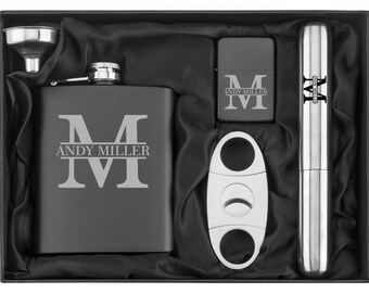Engraved 7oz Stainless Steel Flask Funnel Cigar Cutter Lighter Block Initial MATTE BLACK Personalized Custom Groomsman Best Man Groom