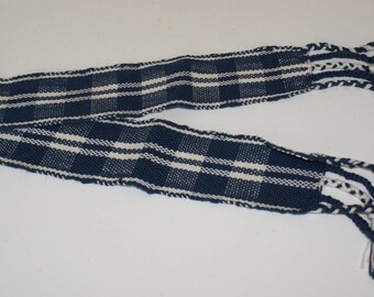 Hand woven blue and white headband