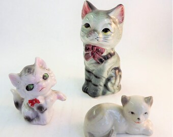 Vintage Glass Cat Figurine, Made in Japan Cat, Vintage Gray Cat Figurine, Set of 3 cats, Porcelain ceramic Cat with bow tie