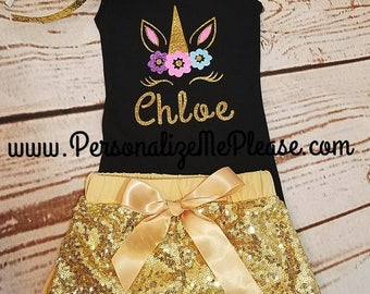Unicorn Birthday Outfit, Black Tank Top, Unicorn Tank Top, Girl Unicorn Birthday Outfit, Black Tank Top Unicorn Shirt, Gold Sequin Shorts