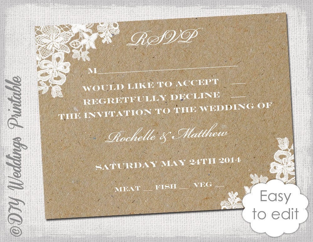 Wedding RSVP template Rustic Lace Printable