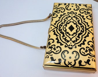 Vintage Compact Purse Goldtone Black/Cream Vinyl Design Top 50s
