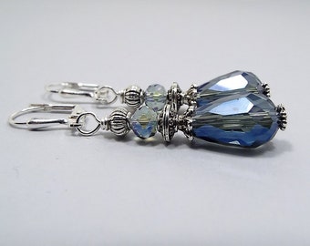 Smokey Blue Crystal Teardrop Earrings, Silver Plated, Drop Earrings, Glass Beaded, Denim Blue, Lever Back or Hook
