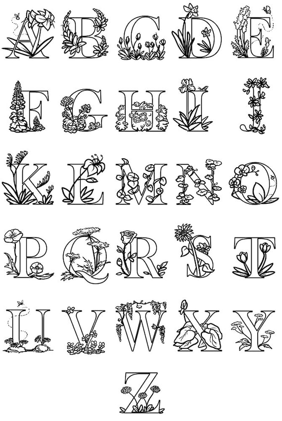 black and white floral letter monogram alphabet letter set