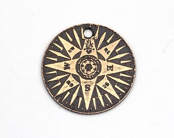 Round copper compass charm, round flat etched metal, 25mm