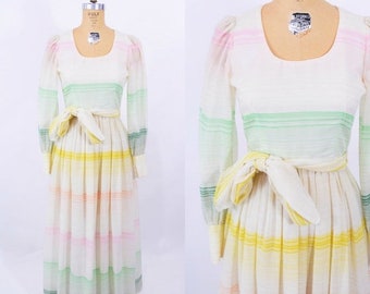 1970s striped dress | pastel striped sheer sleeve boho maxi dress | vintage 70s maxi | W 25"