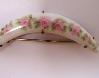 Antique Porcelain Painted Crescent Brooch Pin