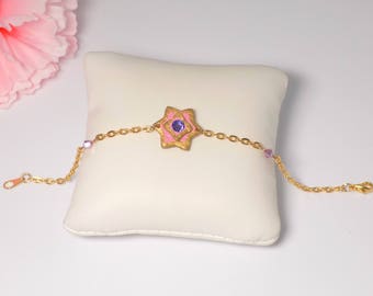 Gold Star bracelet leather Pink Rhinestone swarovski Tanzanite and violet pink Crystal bicone. Gift for her