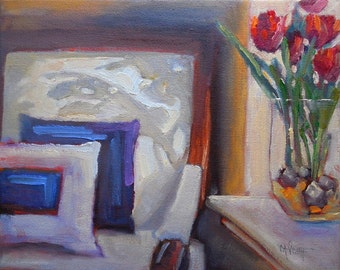 Impressionist Small Oil Painting, Daily Painting, Interior Painting, White Chair with Shadows, 8x10 still life, Free Shipping in US