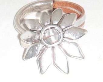 Silver Pewter Flower and Leather Cuff Bracelet