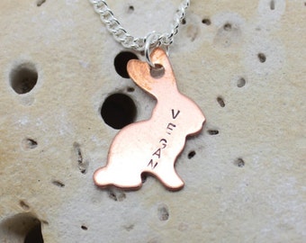 Vegan bunny rabbit necklace. Copper rabbit with handstamped "vegan" on 18" chain.