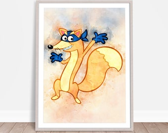Dora and Friends Print, Fox Swiper Poster, Wall Hanging, Watercolor Effect, Birthday Print, Nursery Print, Baby Poster, PRINTABLE DOWNLAOD