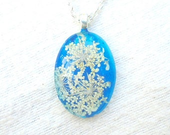 Queen Annes Lace Real Pressed Flower Jewelry Blue Glass Pendant Necklace