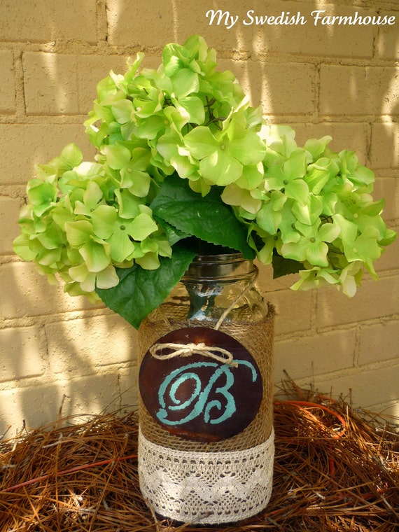 Items similar to LARGE MASON JAR Flower Vase Burlap Lace 2 Quart Jar